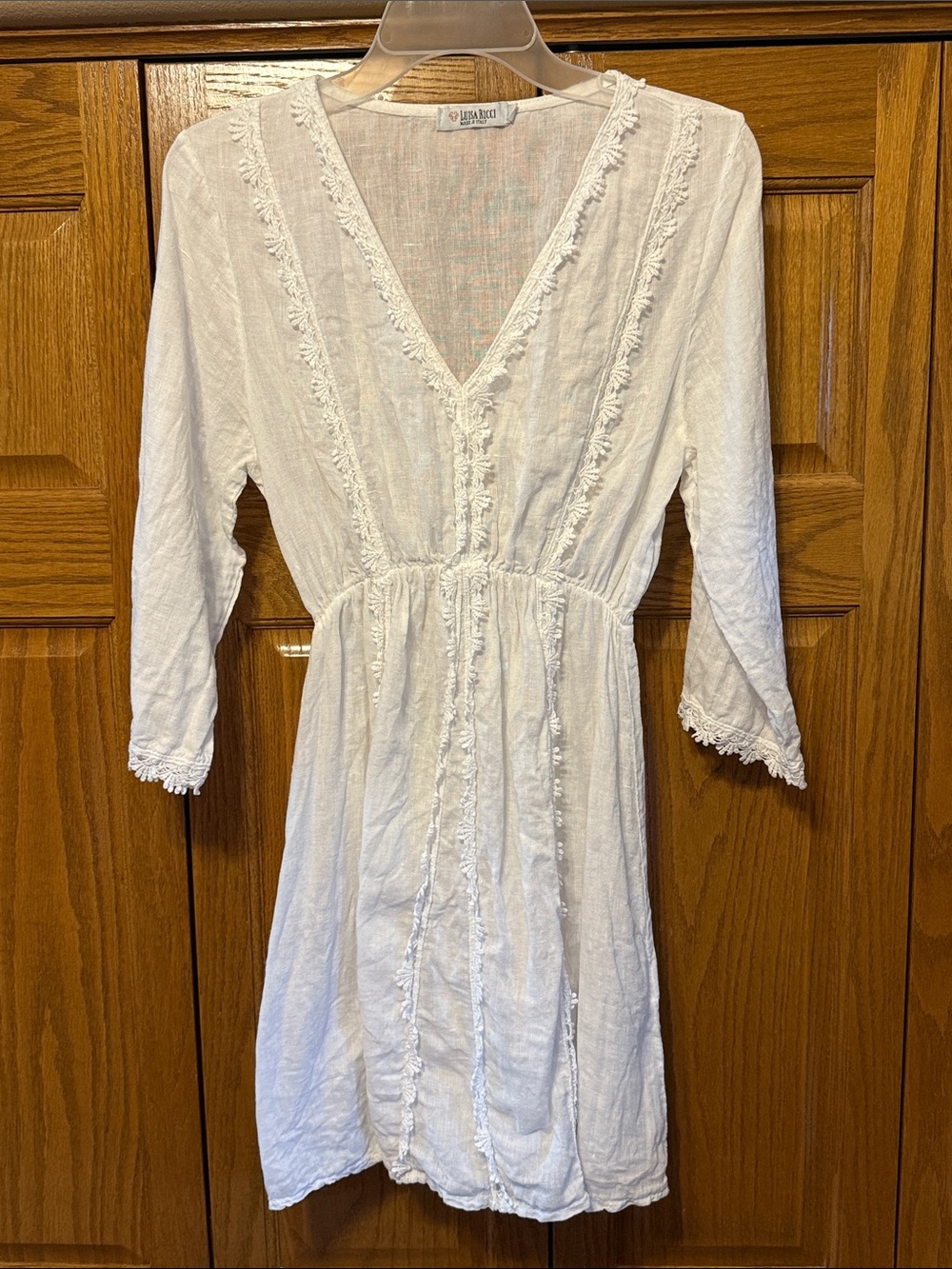 Luisa Ricci White Linen V-Neck Mini Dress with Fringe Trim-Small